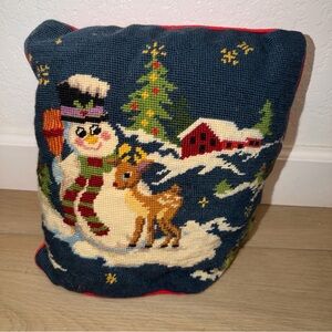 VTG Needlepoint Christmas Pillow Imperial Elegance Snowman Reindeer Frosty Trees
